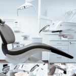 A modern dental clinic interior showcasing a dental chair and equipment in a clean, clinical setting.